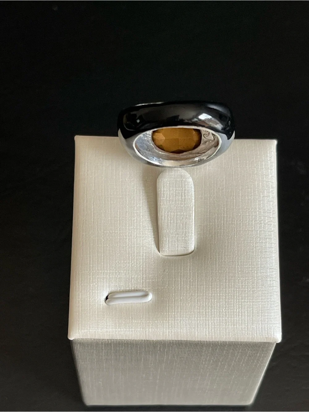 Vintage black enamel & Clear Oval Crystal Cocktail Ring.